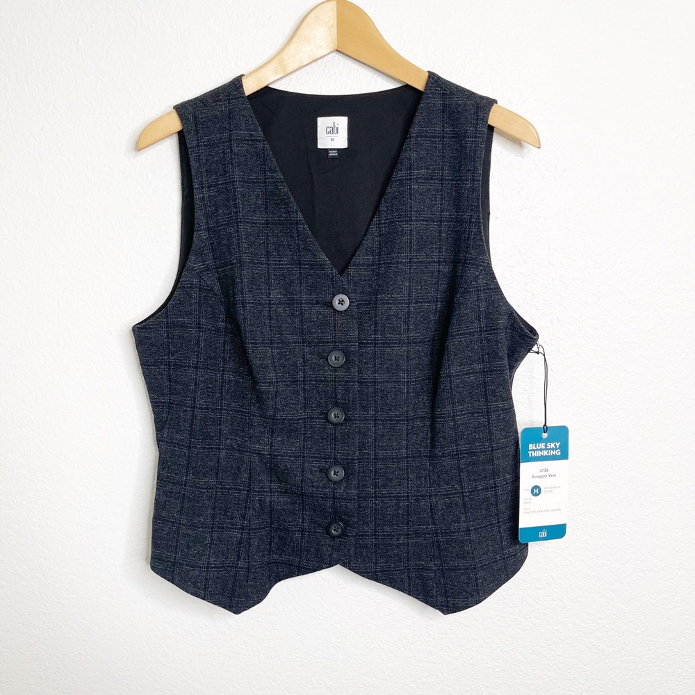 Cabi Swagger Vest 4738 Charcoal Grey Plaid Button Front Waistcoat New M